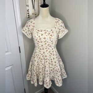 American Eagle M Floral Cottagecore Dress Puff Sleeve Lace Trim Smocked